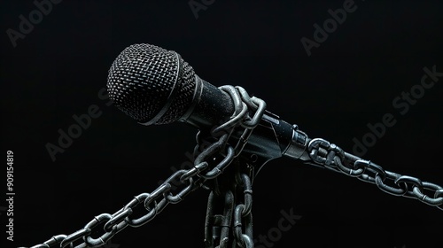 On a black background, a microphone is chain-tied, Generative AI.