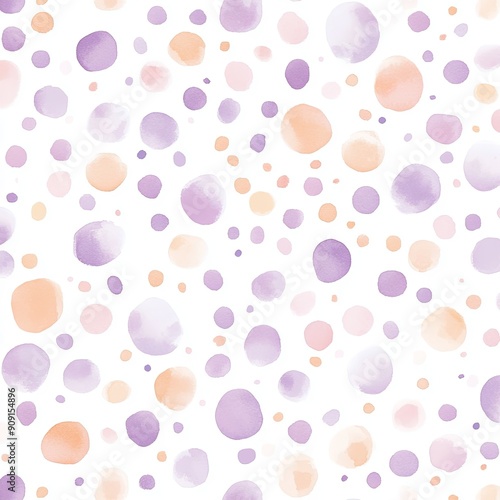 A pattern of small, irregular polka dots in shades of light lavender and soft peach on a white background.