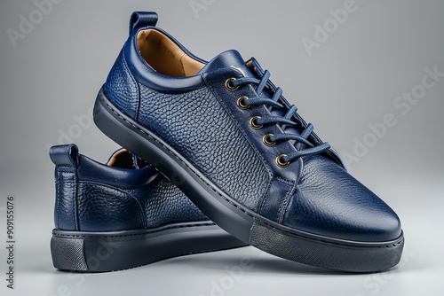 On a gray backdrop, traditional men's leather sneakers in blue, Generative AI.