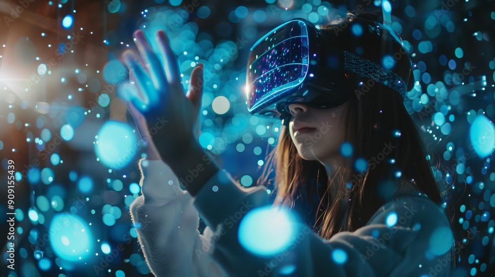 Person using VR headset with glowing abstract lights Person using VR headset with glowing abstract lights