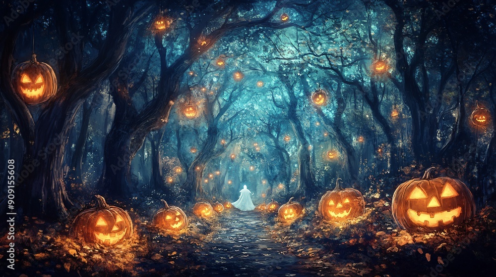 Magical Halloween forest with glowing jack o lanterns animated animals in costumes and a friendly ghost leading the way illustrated in festive enchanting tones anime style Magical Halloween forest with glowing jack o lanterns animated animals in costumes and a friendly ghost leading the way illustrated in festive enchanting tones anime style