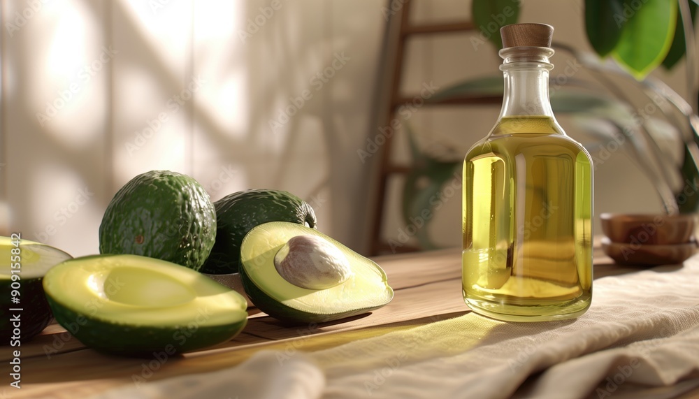 Fresh avocados and bottle of avocado oil on wooden table in sunlight. Ideas of health, nutrition, and natural ingredients. Fresh avocados and bottle of avocado oil on wooden table in sunlight. Ideas of health, nutrition, and natural ingredients.