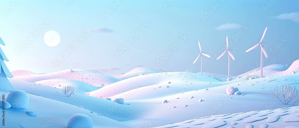 A serene winter landscape with rolling snow-covered hills and wind turbines under a pastel sky, creating a peaceful and eco-friendly scene. A serene winter landscape with rolling snow-covered hills and wind turbines under a pastel sky, creating a peaceful and eco-friendly scene.