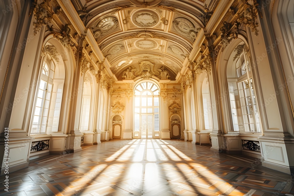 Obraz premium Radiant Luxury Awaits in This Empty Castle Hall Shot with Soft Shadows and Professional Color Grading