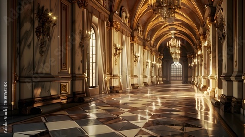 Twilight in a Luxurious Castle Interior  An Empty Hall Bathed in Ambient Light