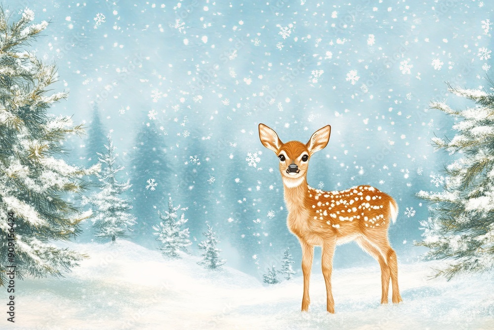 A whimsical postcard featuring a young fawn standing in a snowy forest A whimsical postcard featuring a young fawn standing in a snowy forest