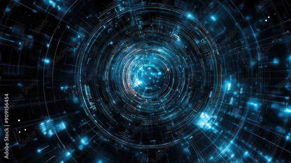 Fototapeta premium Futuristic digital tunnel with blue lights and binary code elements representing technology, data transfer, and virtual reality.
