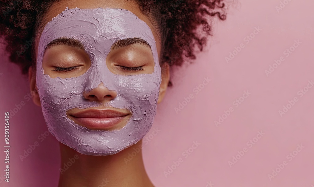 A woman with a lavander clay face mask, looking relaxed and smiling. A woman with a lavander clay face mask, looking relaxed and smiling.