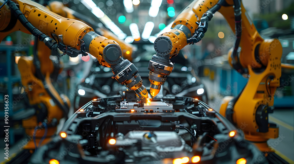 Robotic Arms Performing Industrial Automation in a High Tech Factory Environment Robotic Arms Performing Industrial Automation in a High Tech Factory Environment