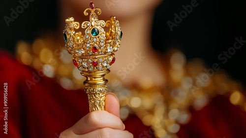 closeup of a queen's hand holding a jeweled scepter, with intricate details and precious gems, against a dark background 