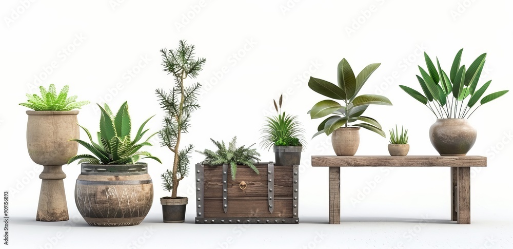 A Collection of Various Indoor Plants Arranged on Display in Bright Studio Setting A Collection of Various Indoor Plants Arranged on Display in Bright Studio Setting