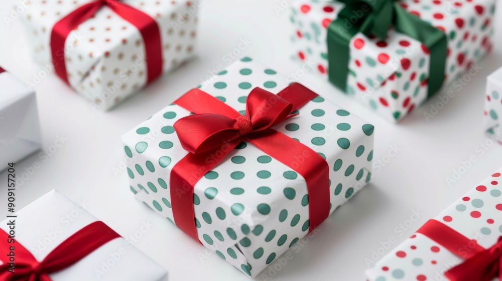 Closeup of Christmas gift boxes wrapped in festive paper and bows on a white background Closeup of Christmas gift boxes wrapped in festive paper and bows on a white background