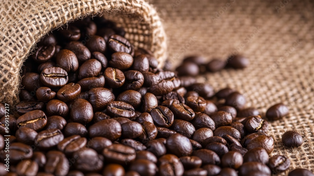 Closeup of coffee beans spilling from a burlap sack, rich brown tones and rustic texture Closeup of coffee beans spilling from a burlap sack, rich brown tones and rustic texture