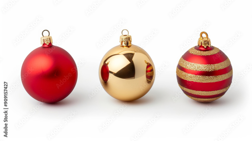 Closeup of shiny red and gold Christmas baubles isolated on a white background Closeup of shiny red and gold Christmas baubles isolated on a white background