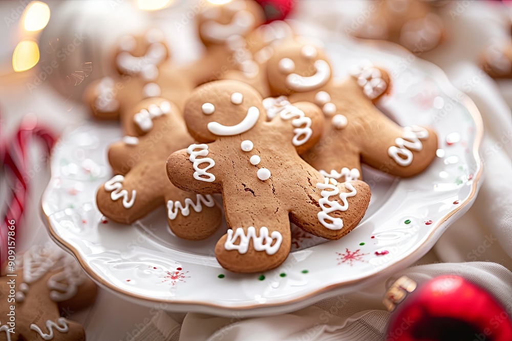 A plate of gingerbread men with white icing and a red and green design A plate of gingerbread men with white icing and a red and green design