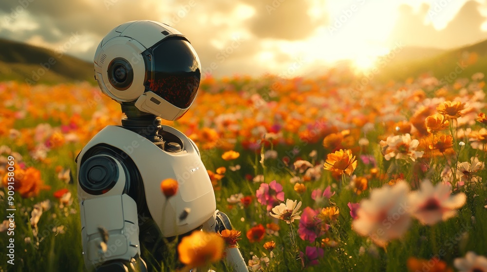 the robot stands in a field of flowers. AI technologies in the modern world of the future. android and nature the robot stands in a field of flowers. AI technologies in the modern world of the future. android and nature