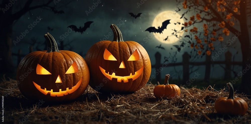 Halloween background with pumpkins and bats Halloween background with pumpkins and bats