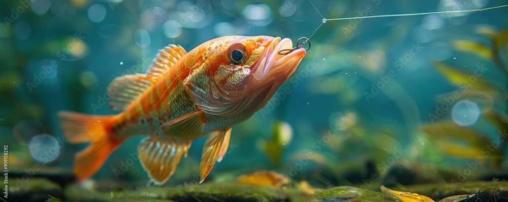 Naklejka premium A vibrant orange fish swims gracefully underwater, surrounded by aquatic plants in a serene, colorful underwater scene.