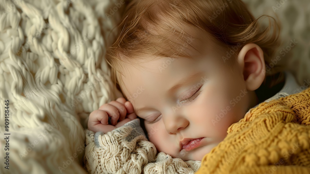 Adorable baby sleeping peacefully on a knitted blanket, wrapped in cozy warm clothing, capturing a serene and tender moment. Adorable baby sleeping peacefully on a knitted blanket, wrapped in cozy warm clothing, capturing a serene and tender moment.