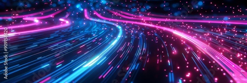 Abstract neon light trails in pink and blue  creating a dynamic  futuristic background with vibrant energy and motion.