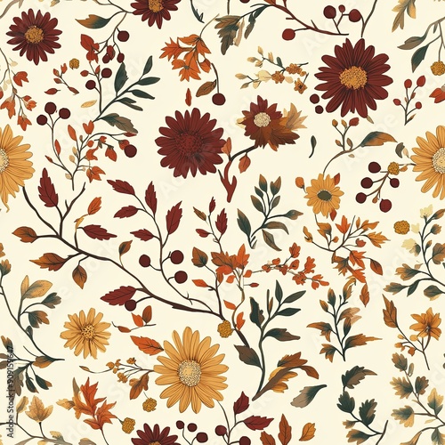 pattern showcasing fall harvest blossoms in hues of dark maroon, pumpkin spic photo