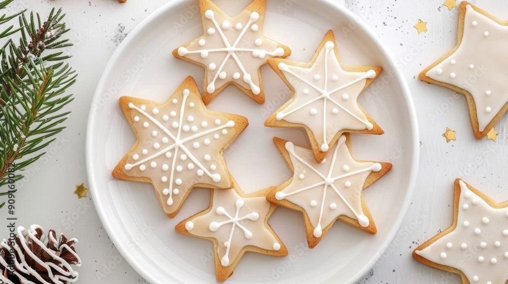 Overhead shot of a few Christmas cookies in simple shapes like stars and trees, decorated with minimal icing, on a white plate Overhead shot of a few Christmas cookies in simple shapes like stars and trees, decorated with minimal icing, on a white plate