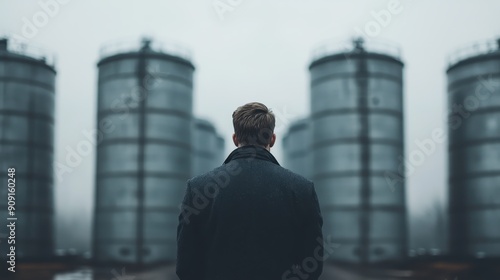 A lone individual stands with their back to the camera, looking at multiple tall, cylindrical storage tanks arranged in a misty and industrial-looking environment. photo