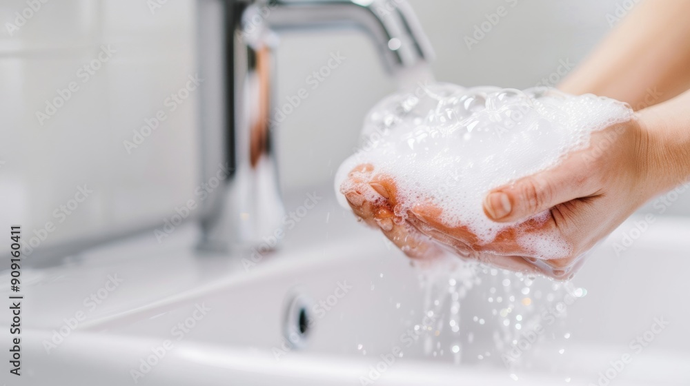Fototapeta premium Person washing hands with soap under running water, with soap bubbles and a clean sink, on a white background 