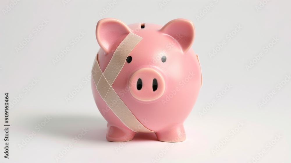 Piggy bank with a sad face and bandages holding it together isolated on white background Piggy bank with a sad face and bandages holding it together isolated on white background