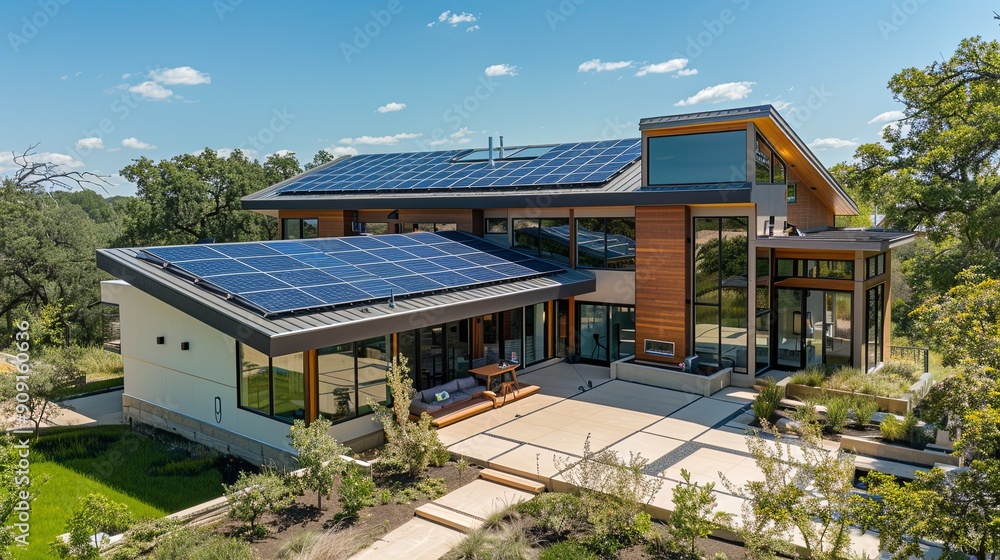 A large house with a solar panel on the roof A large house with a solar panel on the roof