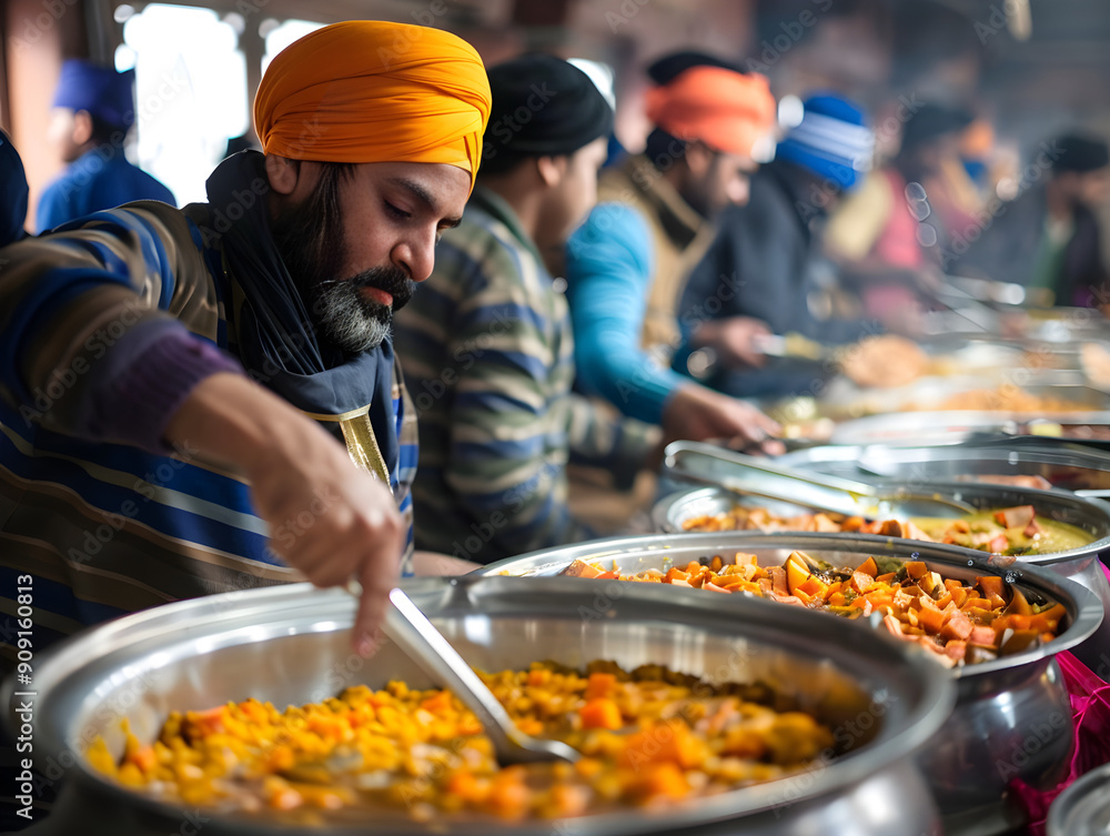 Dedicated Sikh volunteer serving meals in langar hall, embodying community service and generosity. Dedicated Sikh volunteer serving meals in langar hall, embodying community service and generosity.