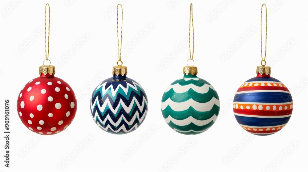 Set of 1960s-style Christmas decorations with psychedelic patterns and vibrant colors isolated on a white background Set of 1960s-style Christmas decorations with psychedelic patterns and vibrant colors isolated on a white background