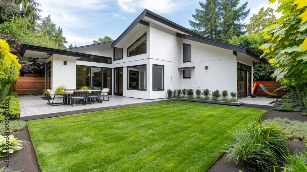 Spacious backyard with a patio, garden, and children's play area, showing a family-friendly environment Spacious backyard with a patio, garden, and children's play area, showing a family-friendly environment