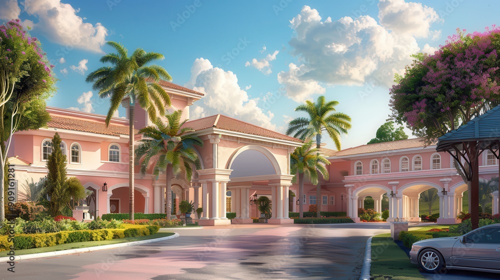Elegant luxury hotel entrance with palm trees and blue sky, featuring beautiful architecture and a serene ambiance. Elegant luxury hotel entrance with palm trees and blue sky, featuring beautiful architecture and a serene ambiance.