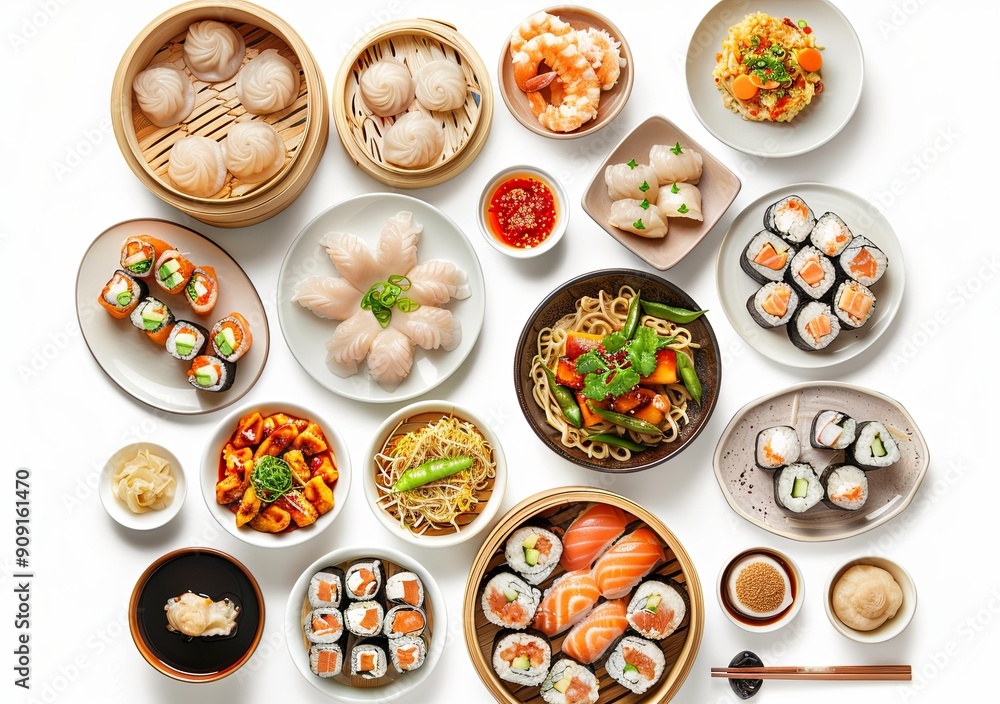 A variety of sushi and other Asian dishes are displayed on a white table A variety of sushi and other Asian dishes are displayed on a white table