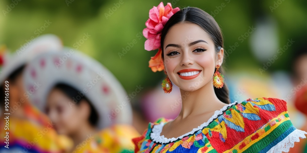 Φωτογραφία Traditional Latino woman in a vivid dress dancing joyously at a heritage festiva
