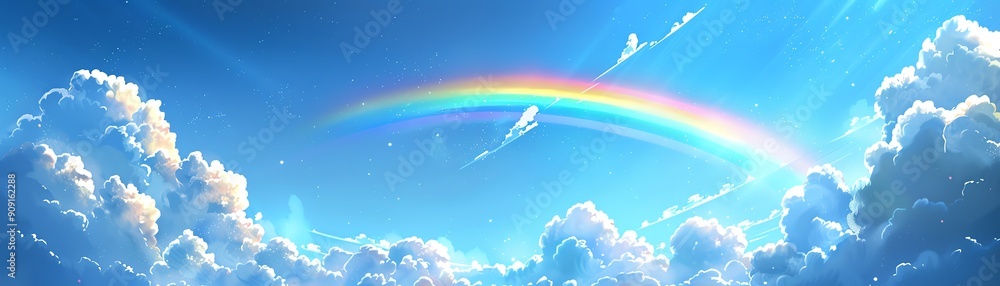 Naklejka premium Beautiful bright rainbow arching across a clear blue sky with fluffy white clouds and light rays, symbolizing hope and beauty in nature.