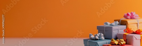 Colorful Wrapped Gifts Stacked Against Vibrant Orange Background