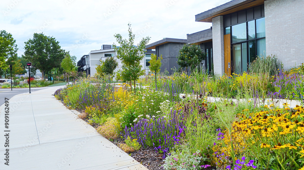 Naklejka premium a modern urban streetscape featuring rain gardens and bioswales along the sidewalks, designed to manage stormwater runoff