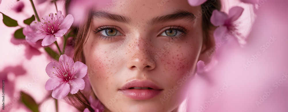 Close-up portrait of a woman with pink flowers, set against a matching pink background, embodying beauty and femininity Close-up portrait of a woman with pink flowers, set against a matching pink background, embodying beauty and femininity