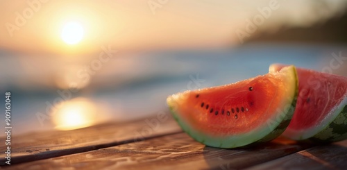 Slices of Watermelon on Wooden Table at Sunset by the Beach