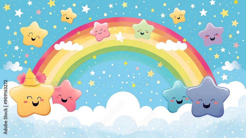 Colorful cartoon rainbow surrounded by smiling stars and clouds on a vibrant blue sky background, perfect for kids' designs. Colorful cartoon rainbow surrounded by smiling stars and clouds on a vibrant blue sky background, perfect for kids' designs.