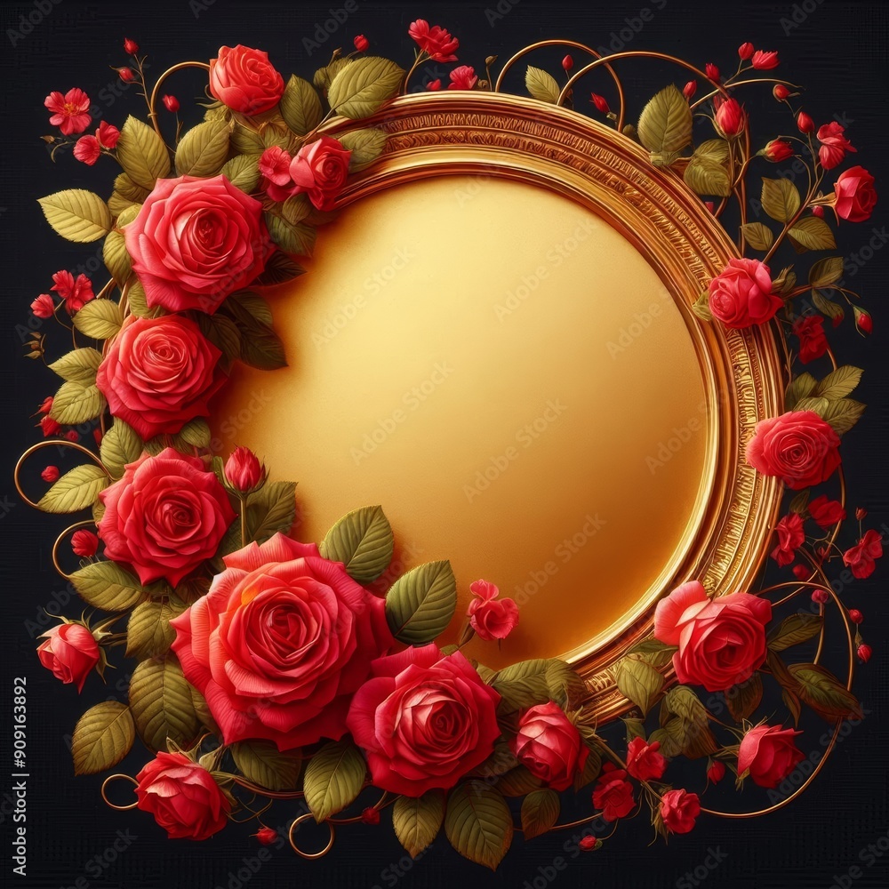 Elegantly framed gold mirror surrounded by vibrant red roses and lush green leaves. Elegantly framed gold mirror surrounded by vibrant red roses and lush green leaves.