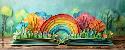 Colorful open book with a vivid rainbow and nature-themed pop-up illustration showcasing flowers, trees, and lush greenery on a wooden surface.