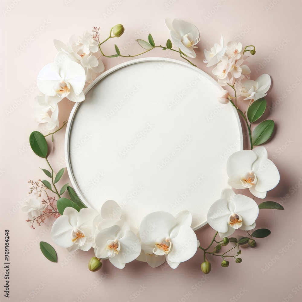 Elegant white orchids framing a blank circular space on a soft pink background. Elegant white orchids framing a blank circular space on a soft pink background.