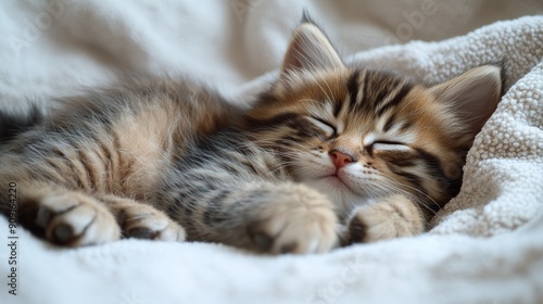 A content kitten dozes off comfortably on a soft, warm blanket