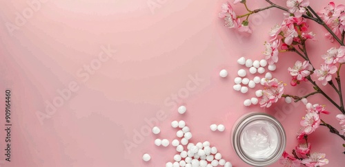Floral Arrangement With Homeopathic Pellets and Cream on Soft Pink Background