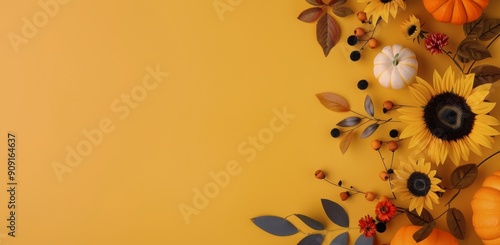 Autumn Decor With Pumpkins Sunflowers and Leaves on Yellow Background