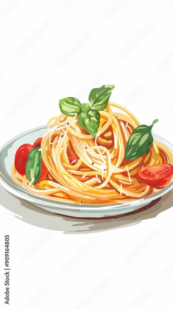 A delicious serving of spaghetti topped with fresh basil and cherry tomatoes A delicious serving of spaghetti topped with fresh basil and cherry tomatoes