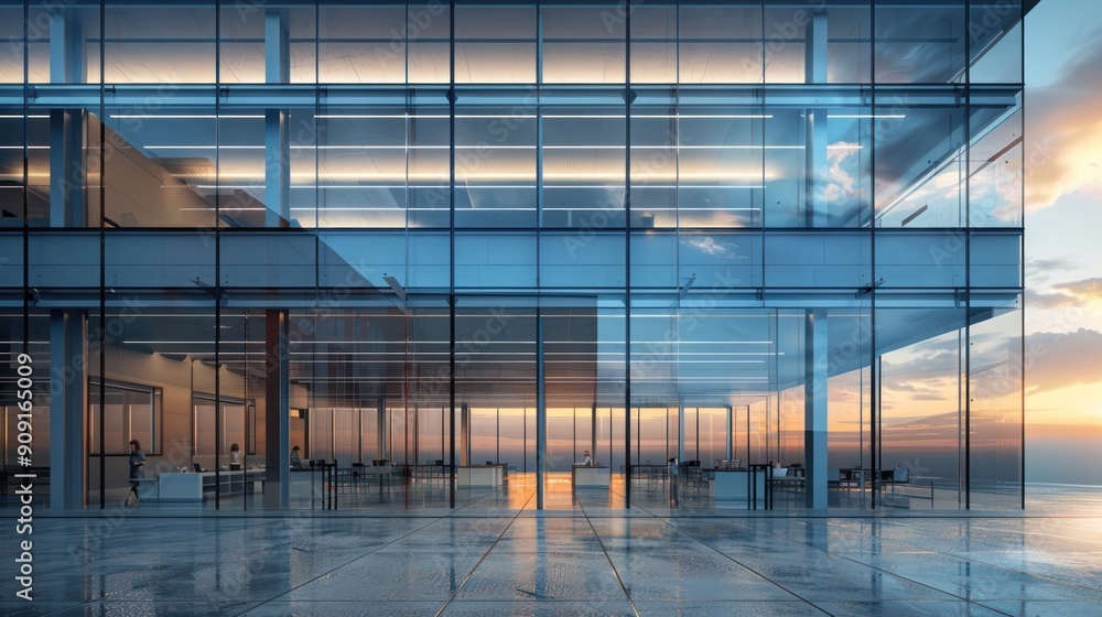 Facade view from outside of a modern office building with large glass windows. Facade view from outside of a modern office building with large glass windows.